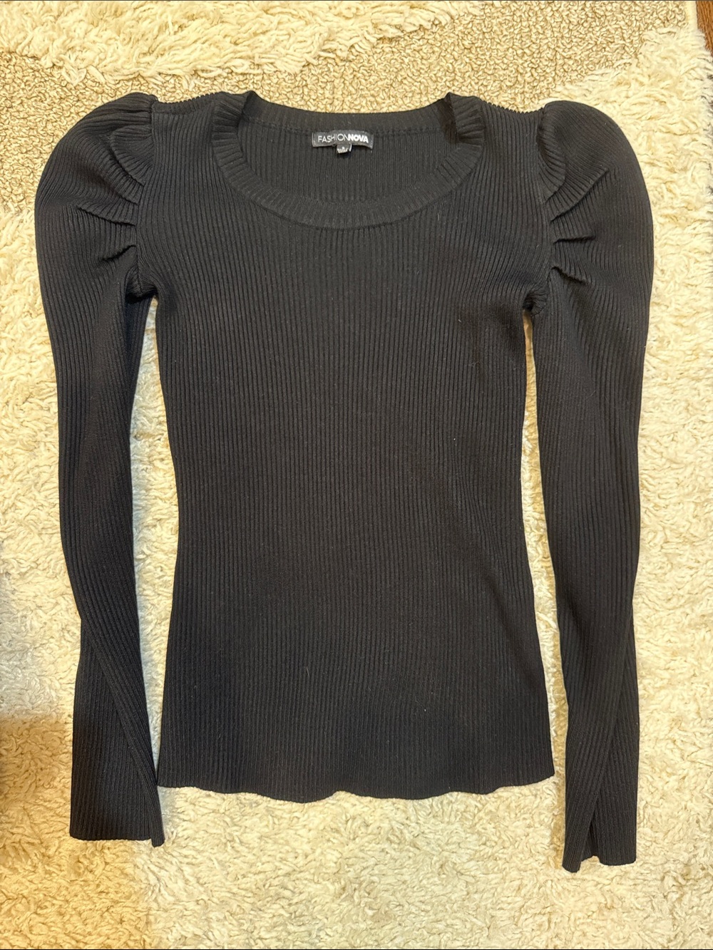 Fashion Nova Black Ribbed Puff-Sleeve Slim Fit Top